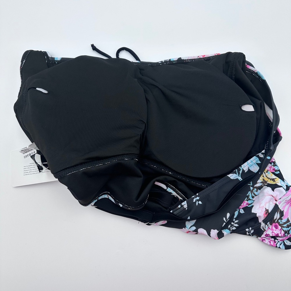 Bloomchic Floral Print Halter Tankini Top Plus Size 22-24 Black Pink Blue Yellow - Picture 7 of 11
